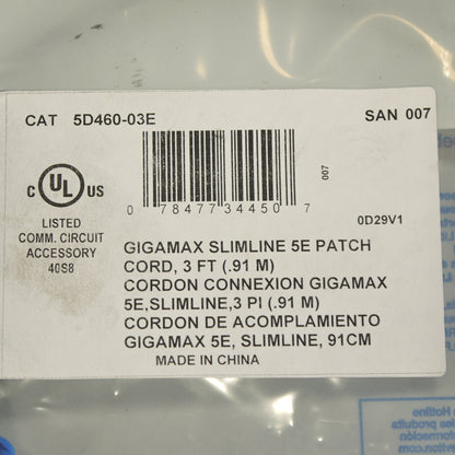 Leviton 5D460-3E Black 5e 3ft Ethernet Cable Patch Cord Network Gigamax Slimline