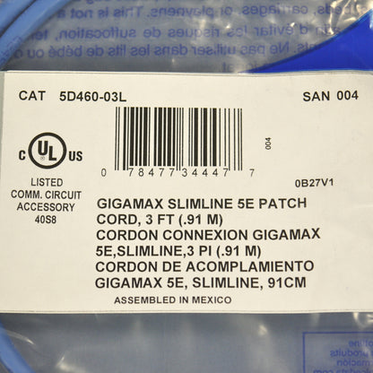 Leviton 5D460-3L Blue 5e 3ft Ethernet Cable Patch Cord Network Gigamax Slimline