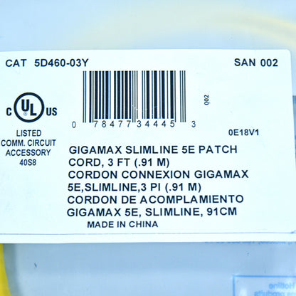 Leviton 5D460-3Y Yellow Cat5e 3ft Ethernet Cable Data Patch Cord Network Booted