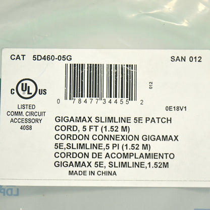 Leviton 5D460-5G Green 5ft Ethernet Cable Patch Cord Network Gigamax Slimline