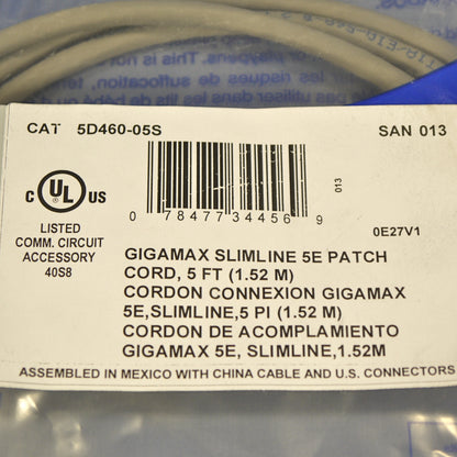 Leviton 5D460-5S Gray Gigamax Slimline 5Ft Ethernet LAN Patch Cord Network Cable