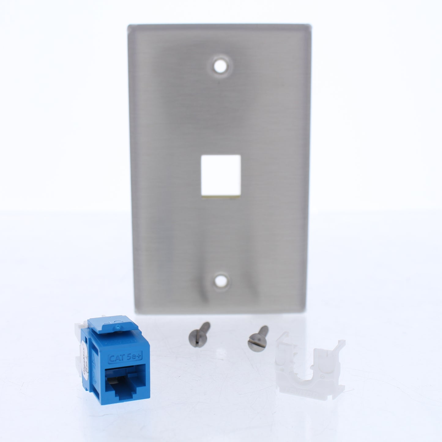 Leviton 5E1FP 1-Gang Stainless Steel 1-Port Quickport Cover w/ Blue Cat 5E+ Jack