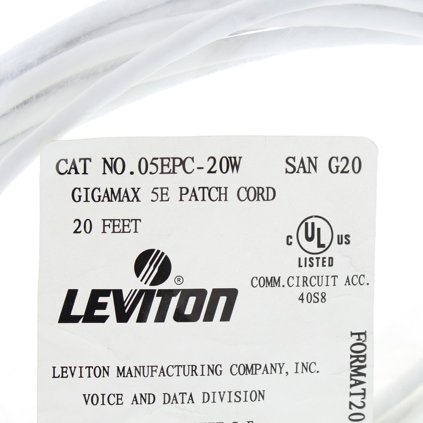 Leviton 5EPC-20W 20' White Gigamax Cat 5E Voice Patch Cable 20 Feet Network Cord