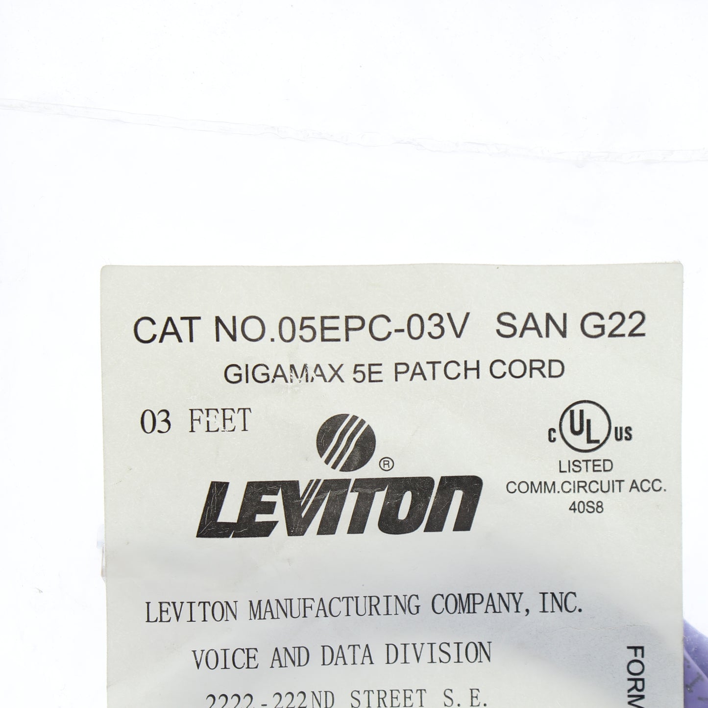 Leviton 05EPC-3V 3' Purple Violet Gigamax Cat 5E Patch Cable 3 Feet Network Cord