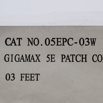 Leviton 05EPC-3W 3' White Gigamax Cat 5E Patch Cable 3 Feet Network Cord