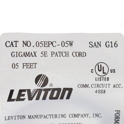 Leviton 05EPC-5W 5' White Gigamax Cat 5E Patch Cable 5 Feet Network Cord