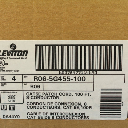 Leviton 5G455-100G Gray Cat5e 100ft Ethernet Cable Patch Cords Network 4-Pack