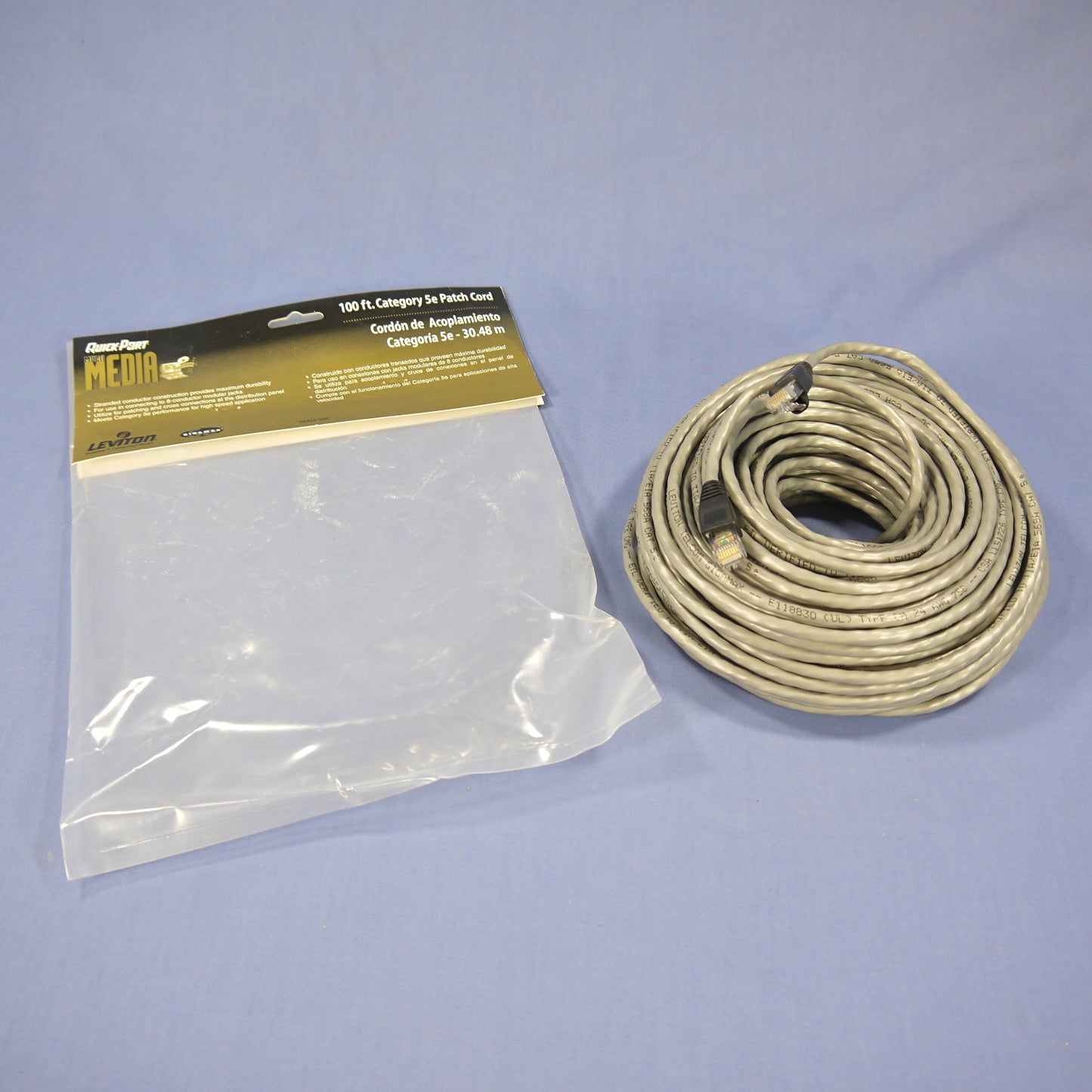 Leviton 5G455-100G Gray Cat5e 100ft Ethernet Cable Data Patch Cord Network Boot