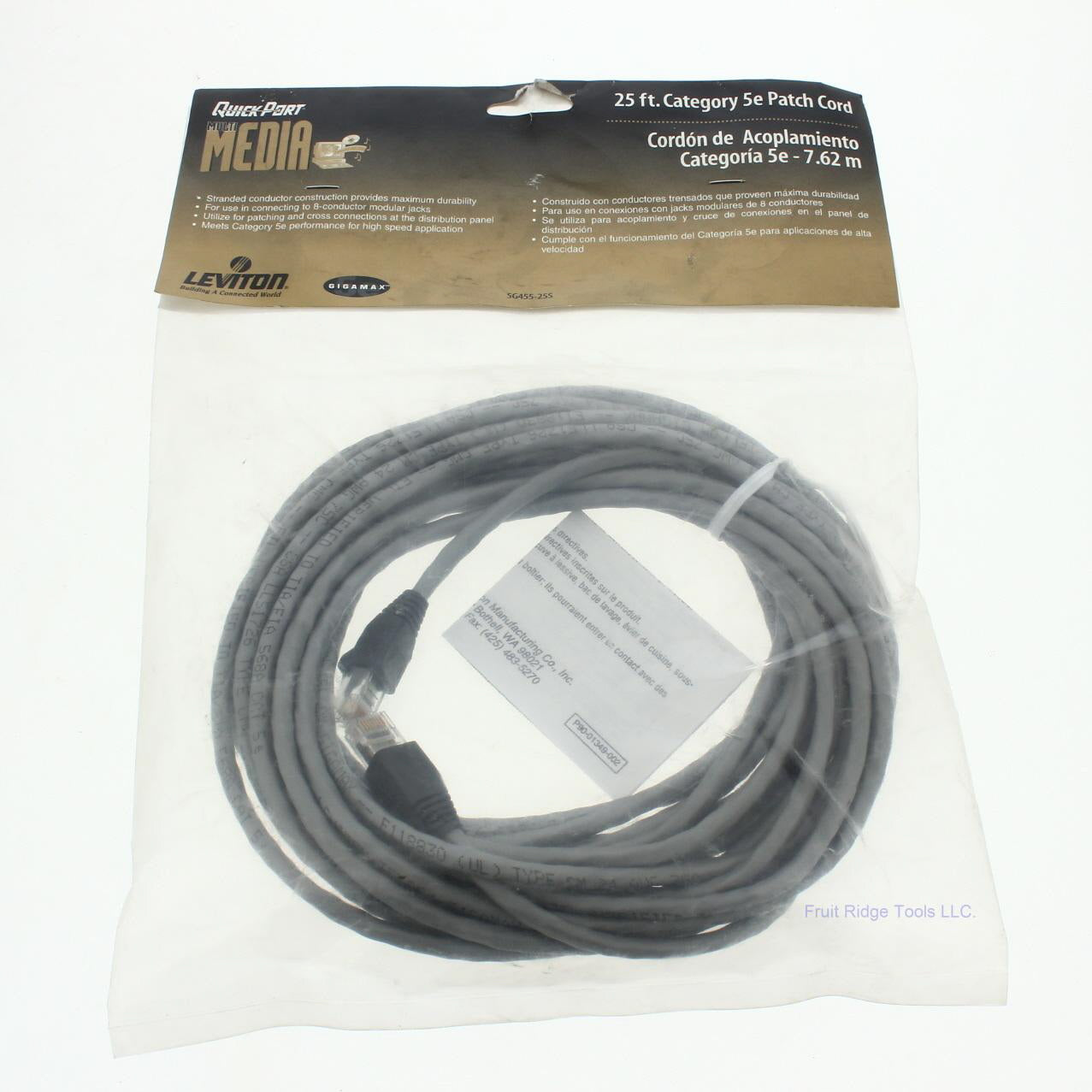 Leviton 5G455-25S Silver Cat5e 25ft Ethernet Cable Data Patch Cord Network Boot