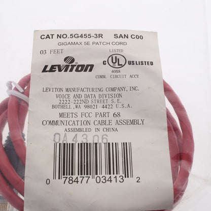 Leviton 5G455-3R Red Cat5e 3ft Ethernet Cable LAN Data Patch Cord Network Booted