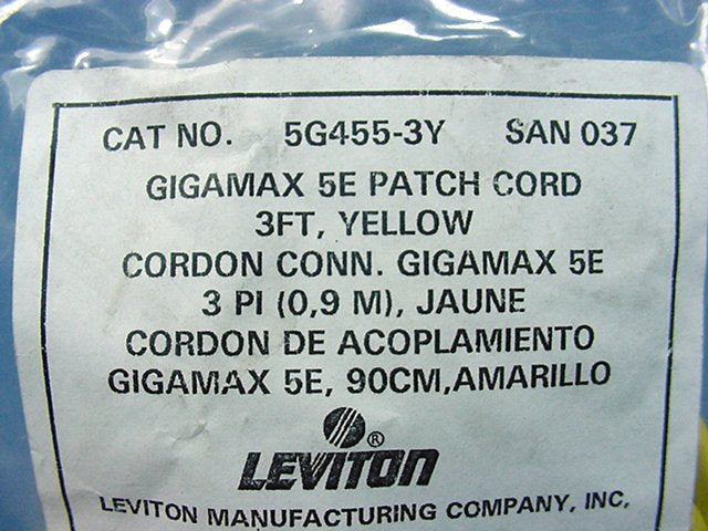 Leviton 5G455-3Y Yellow Cat5e 3ft Ethernet Cable Data Patch Cord Network Booted