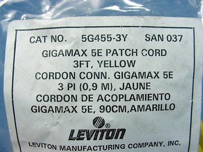 Leviton 5G455-3Y Yellow Cat5e 3ft Ethernet Cable Data Patch Cord Network Booted
