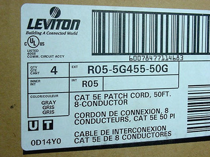 Leviton 5G455-50G Gray Cat 5e 50' Ethernet Patch Cord Network Cables Booted 4pcs