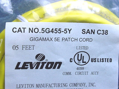Leviton 5G455-5Y Yellow Cat5e 5ft Ethernet Cable Data Patch Cord Network Booted