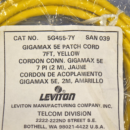 Leviton 5G455-7Y Yellow Cat5e 7ft Ethernet Cable Data Patch Cord Network Booted