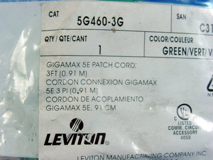 Leviton 5G460-3G Green Cat5e 3ft Ethernet Cable Data Patch Cord Network Booted