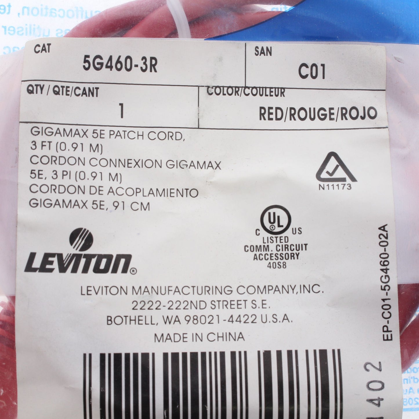 Leviton Red Cat 5e 3 Ft Ethernet Patch Cord Network Cable Booted Cat5e 5G460-3R