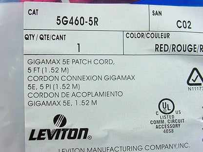 Leviton 5G460-5R Red Cat5e 5ft Ethernet Cable LAN Data Patch Cord Network Booted
