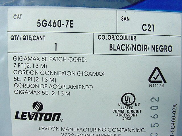 Leviton Black Cat 5e 7 Ft Ethernet LAN Patch Cord Network Cable Booted 5G460-7E