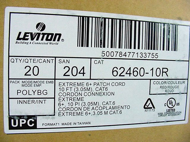Leviton 62460-10R Red 10ft Cat6+ Extreme Ethernet Cable Data Center Patch Cords