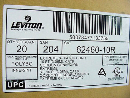 Leviton 62460-10R Red 10ft Cat6+ Extreme Ethernet Cable Data Center Patch Cords