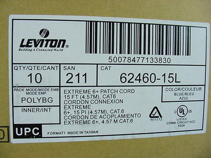 Leviton 62460-15L Blue 15ft Cat6+ Extreme Ethernet Cable Data Patch Cords 10pcs