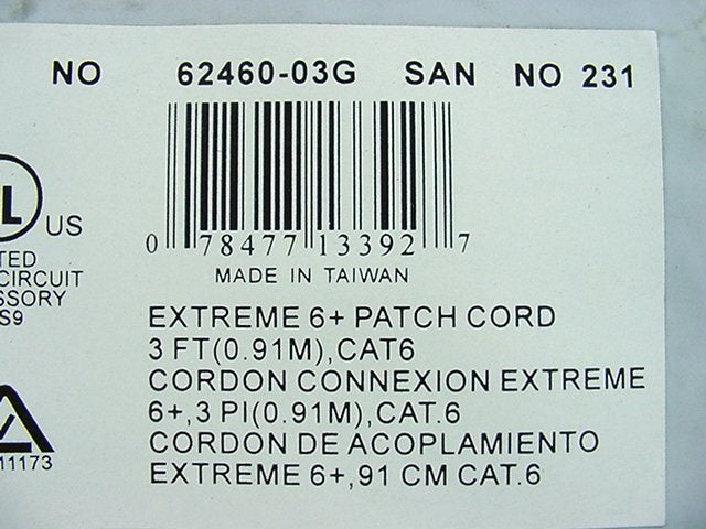 Leviton 62460-3G Green 3 ft Cat 6+ Cable Extreme Ethernet LAN Patch Cord Cat6 3'