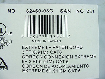Leviton 62460-3G Green 3 ft Cat 6+ Cable Extreme Ethernet LAN Patch Cord Cat6 3'