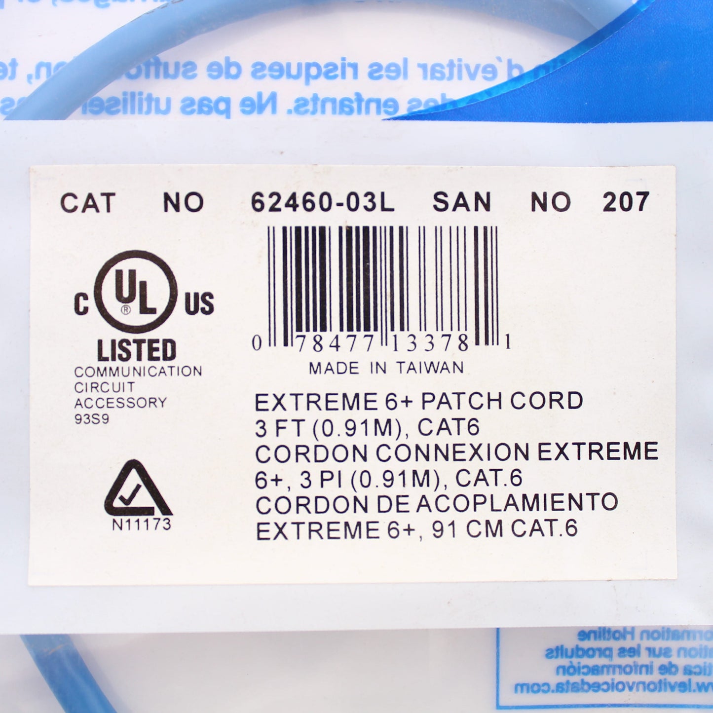 Leviton 62460-3L Blue CAT6+ 3FT Extreme Ethernet Cable Data Center Patch Cord