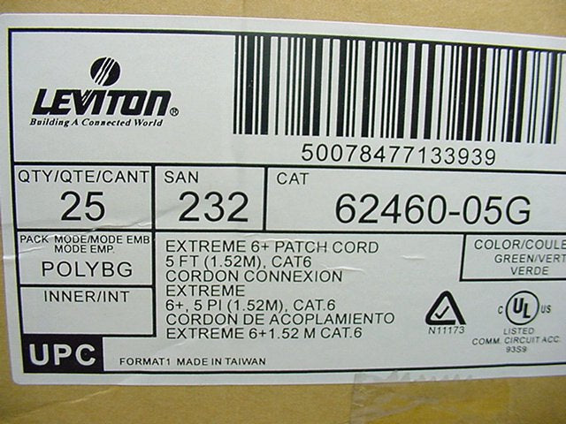 Leviton 62460-5G Cat 6+ Cables Green 5' Extreme Ethernet Patch Cord Wire 25-Pack