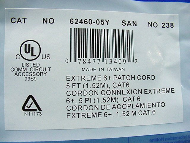 Leviton 62460-5Y Cat6+ Extreme Yellow 5ft Ethernet Cable Data Center Patch Cord