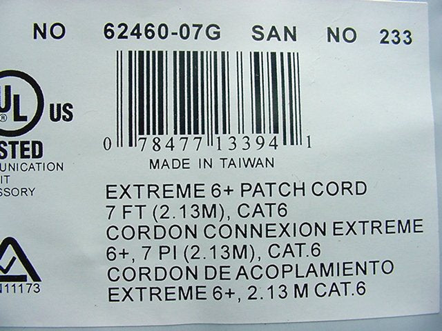 Leviton 62460-7G Cat6+ Green 7' Extreme Ethernet Cable Data Center Patch Cord