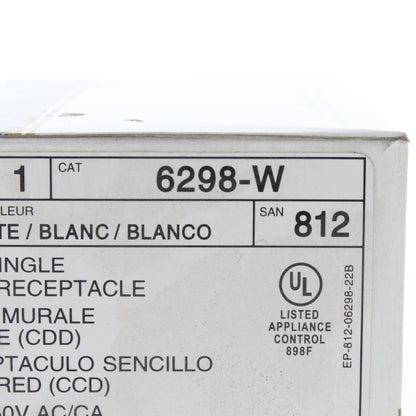 Leviton 6298-W White DHC Single Wall Receptacle 20A 250V