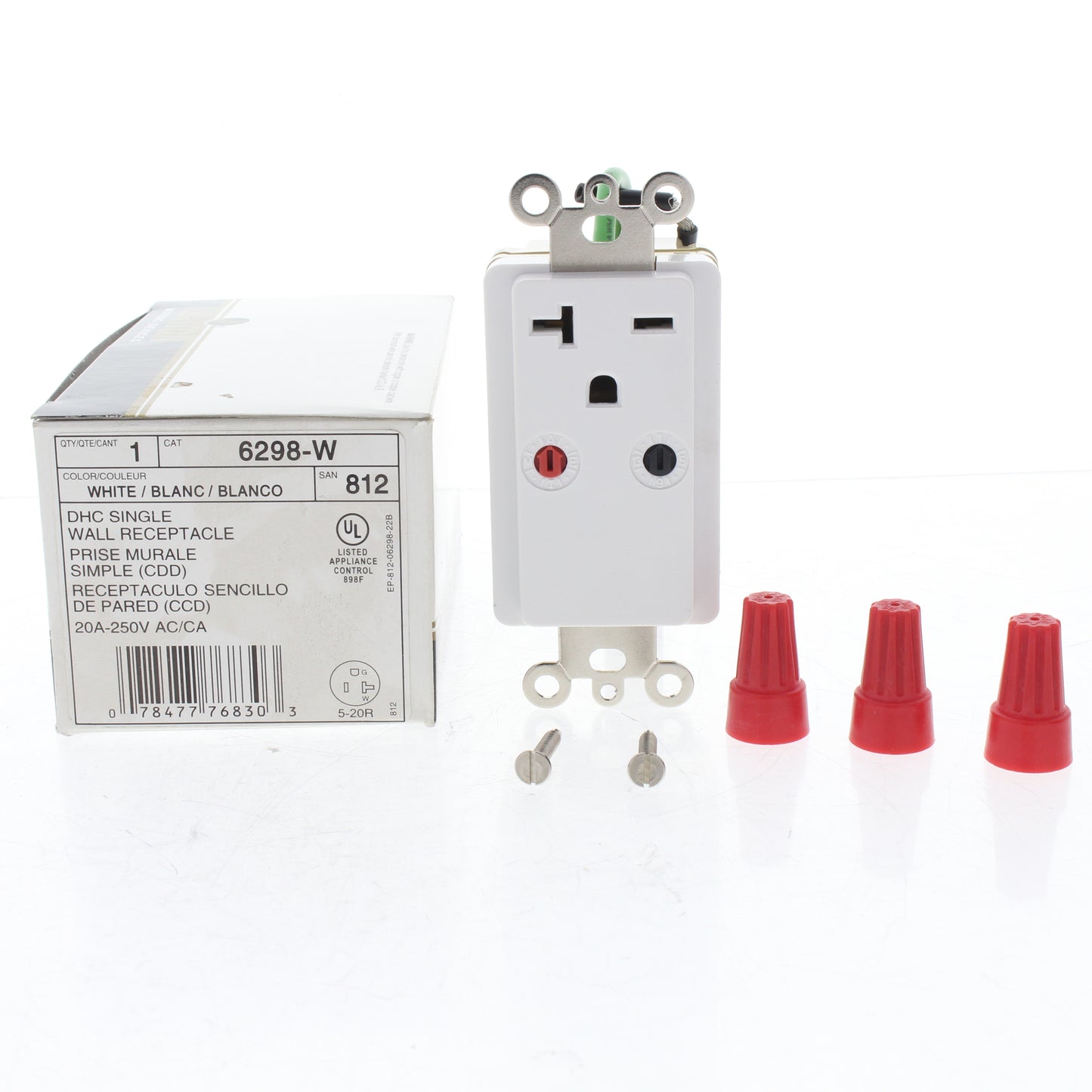 Leviton 6298-W White DHC Single Wall Receptacle 20A 250V