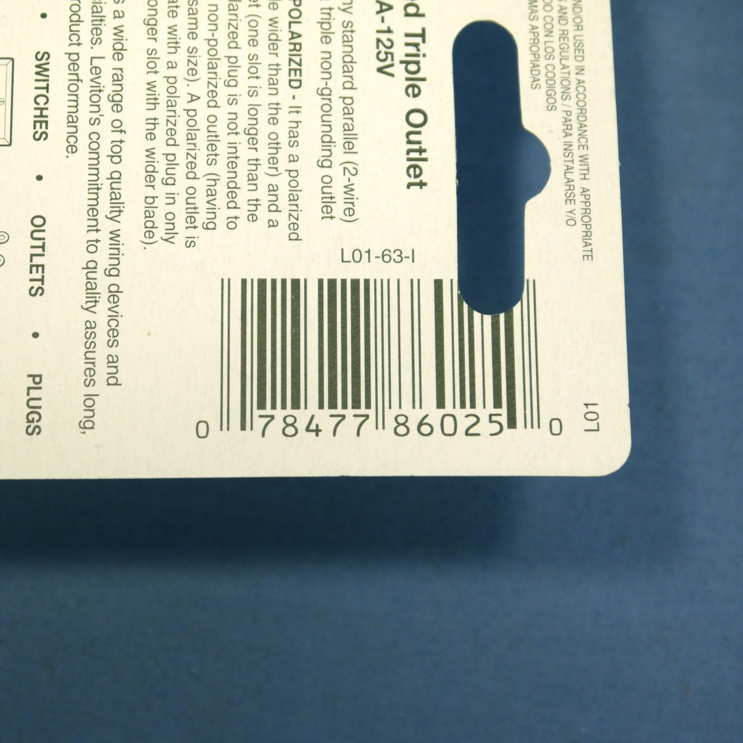 Leviton Ivory Polarized Triple Tap Outlet Adapter 1-15R 15A 125V 63-I Carded