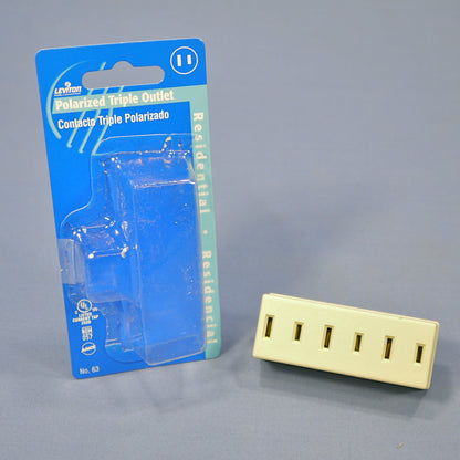 Leviton Ivory Polarized Triple Tap Outlet Adapter 1-15R 15A 125V 63-I Carded