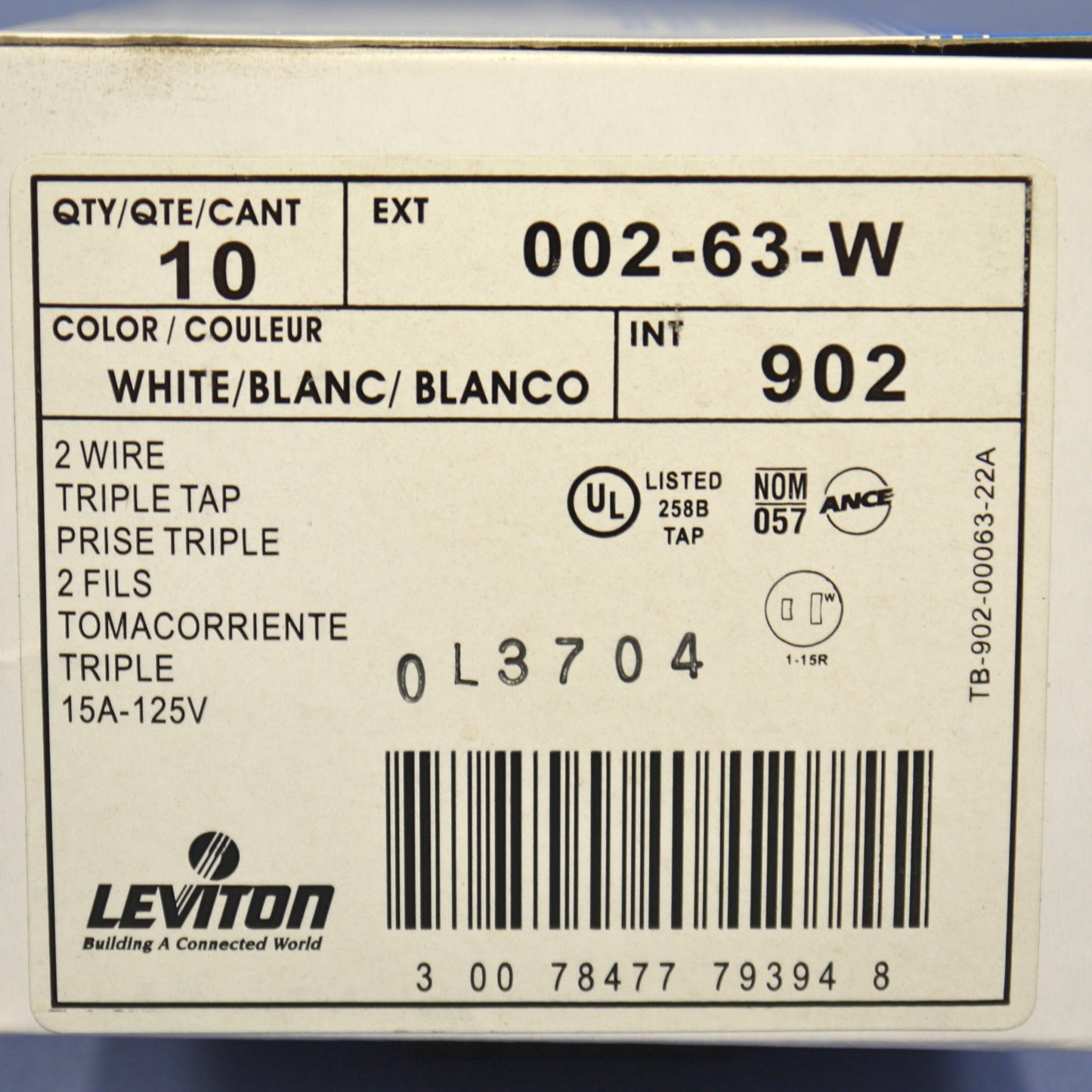 10 Leviton White Polarized Triple Tap Outlet Adapters Nema 1-15R 15A 125V 63-W