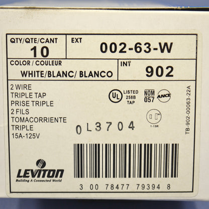 10 Leviton White Polarized Triple Tap Outlet Adapters Nema 1-15R 15A 125V 63-W