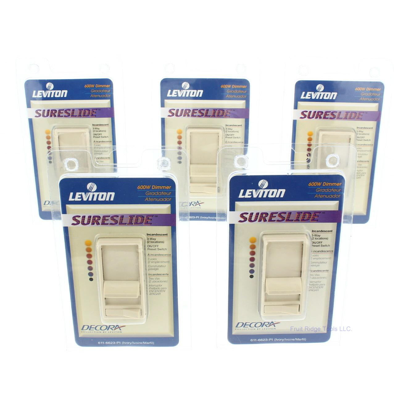 5 Leviton Ivory Decora Slide Dimmer Switches Preset 3-Way 6623-PI