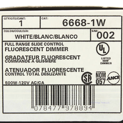 Leviton White 6668-1W Full Range Slide Mark 10 Fluorescent Dimmer 500W-120V AC