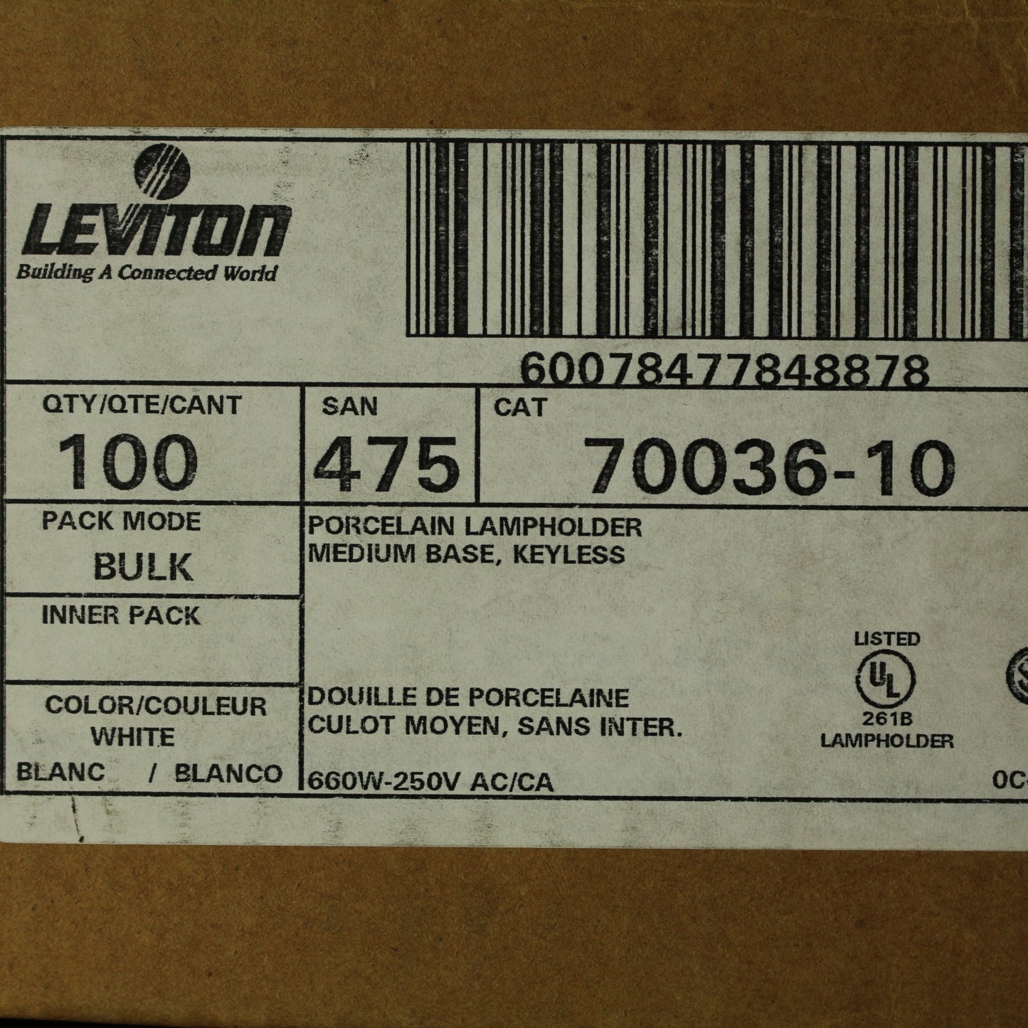 100 Leviton Unglazed Porcelain E26 Light Socket Lampholders 660W 250V 70036-10