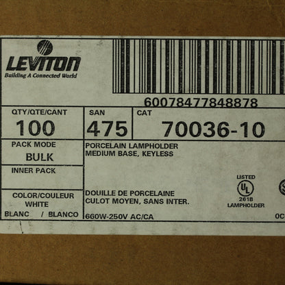 100 Leviton Unglazed Porcelain E26 Light Socket Lampholders 660W 250V 70036-10