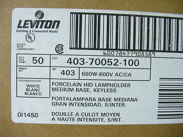 50 Leviton Porcelain 4 KV Pulse Rated Screw Mount HID Light Sockets 70052-100