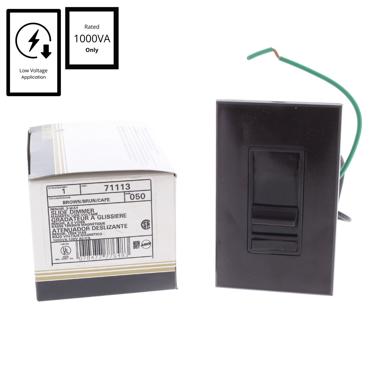 Leviton 71113 Brown Renoir 3-Way Dimmer Switch Mag Low Volt 1000W Incandescent