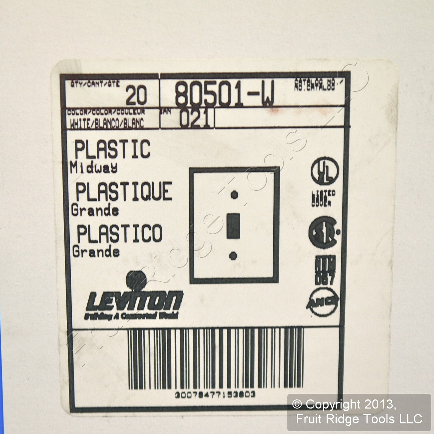 Leviton 80501-W White 1-Gang Toggle Switch Plastic Midway Wallplate Covers 20pcs