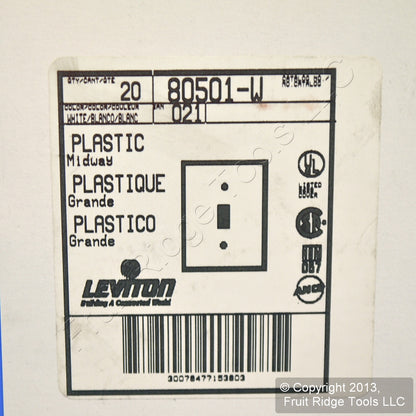 Leviton 80501-W White 1-Gang Toggle Switch Plastic Midway Wallplate Covers 20pcs