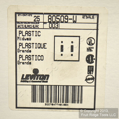 Leviton 80509-W White 2-Gang Toggle Switch Plastic Midway Wallplate Covers 25pcs