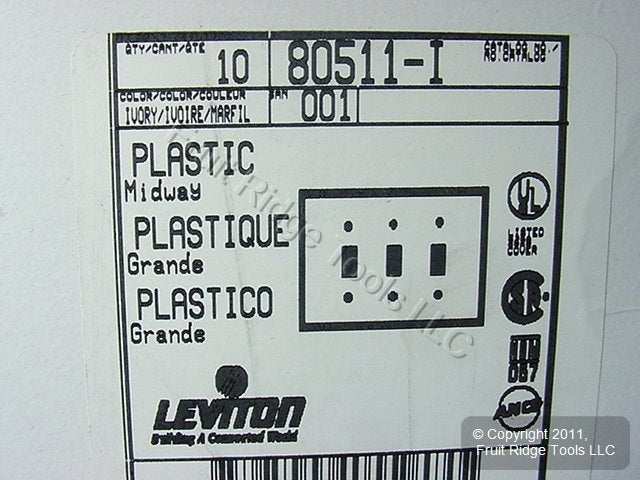 Leviton 80511-I Ivory 3-Gang Toggle Switch Midway Plastic Wallplate Covers 10pcs