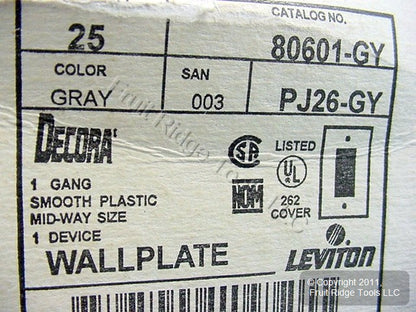 Leviton 80601-GY Gray 1-Gang Decora GFCI Plastic Midway Wallplate Covers 25pcs