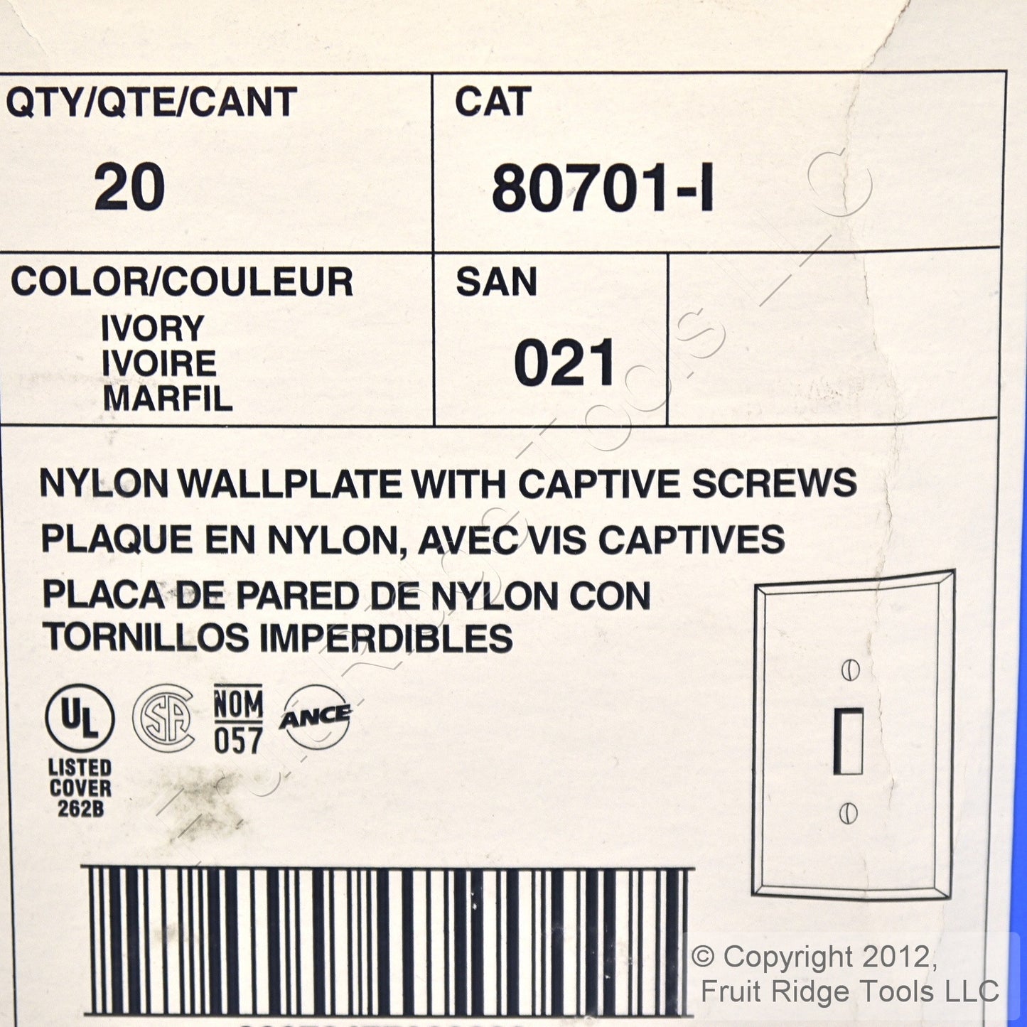 Leviton 80701-I Ivory 1-Gang Toggle Switch Unbreakable Nylon Wallplates 20pcs